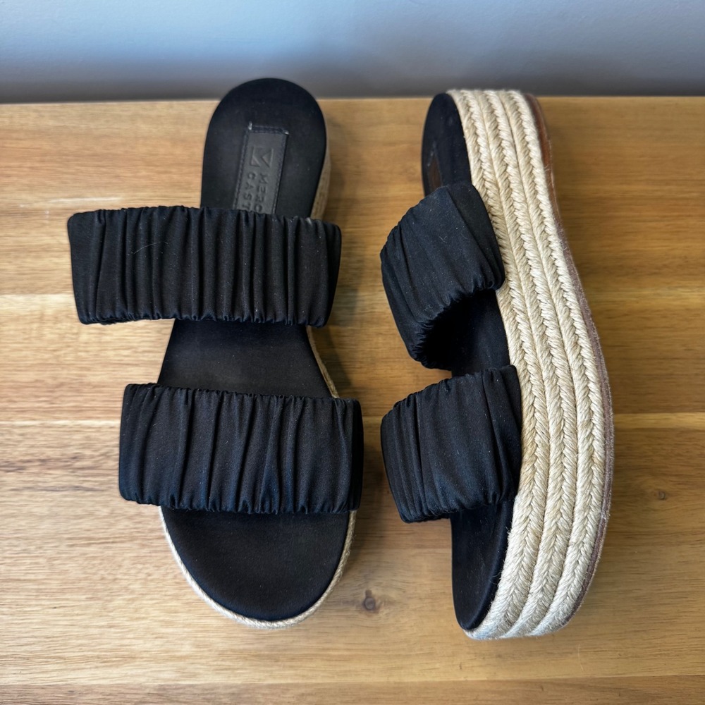 Mercedes Castillo Women 7 EU 37 Black Ruched 2 Strap Espadrille Platform Sandals